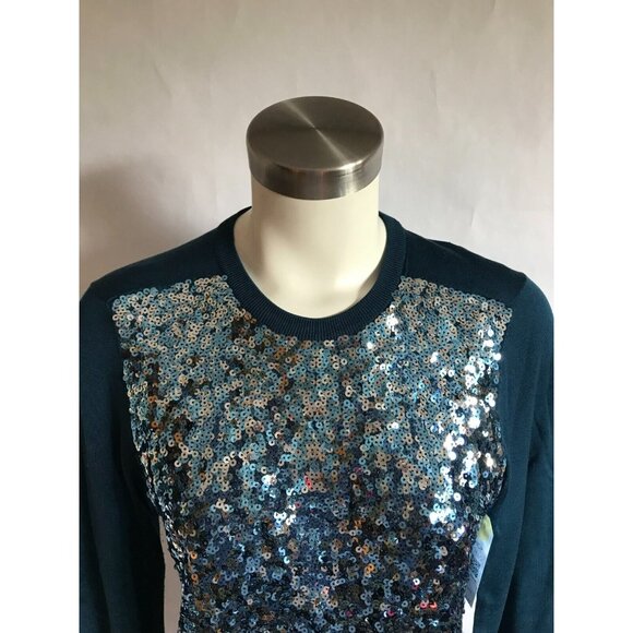 Magaschoni Blue Thin Knit Sweater W/ Full Sequin Panel in Front, Size Medium - Picture 2 of 7